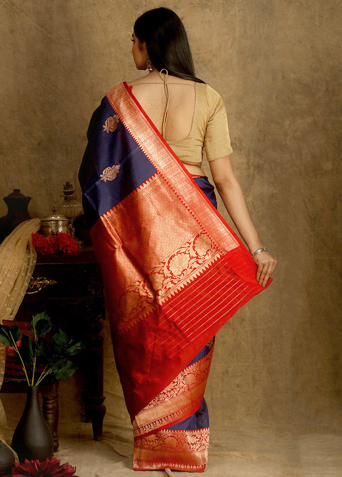 Blue Pure Tussar Banarasi Work Saree With Blouse - Indian Silk House Agencies