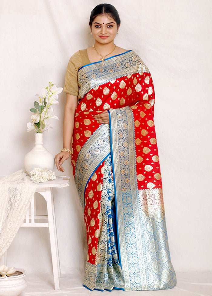 Red Banarasi Silk Zari Woven Saree With Blouse - Indian Silk House Agencies