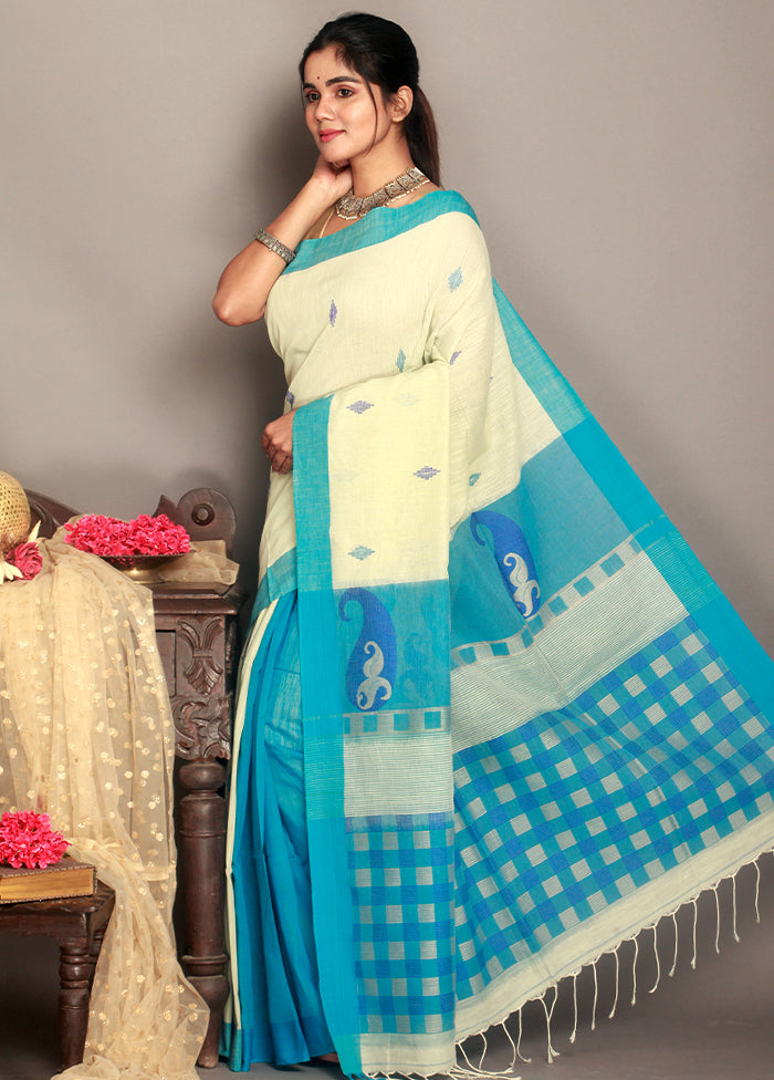 Cream Cotton Woven Saree With Blouse - Indian Silk House Agencies