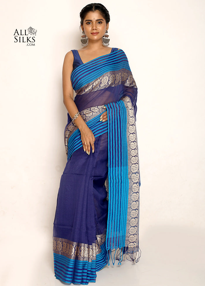 Navy Blue Cotton Saree Without Blouse Piece - Indian Silk House Agencies