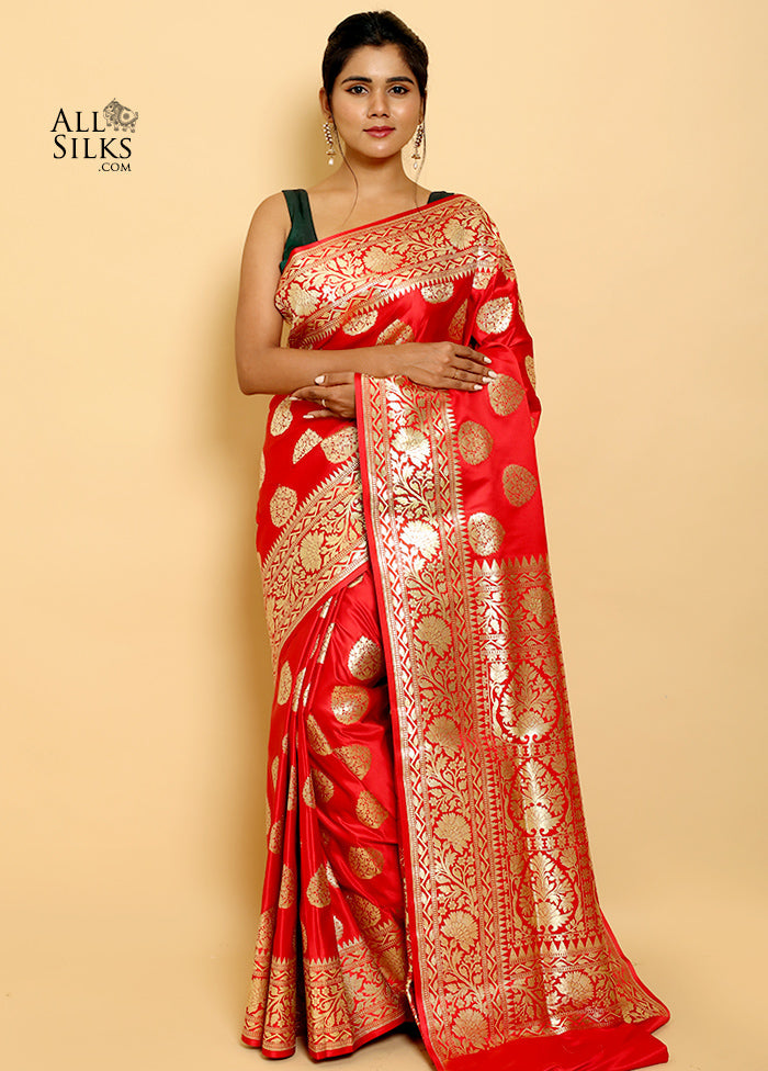 Red Banarasi Silk Saree With Blouse Piece - Indian Silk House Agencies