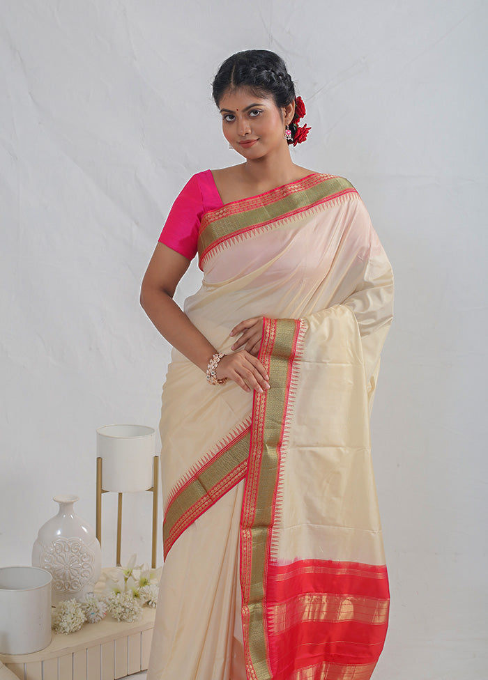 Cream Kanjivaram Pure Silk Saree With Blouse Piece - Indian Silk House Agencies