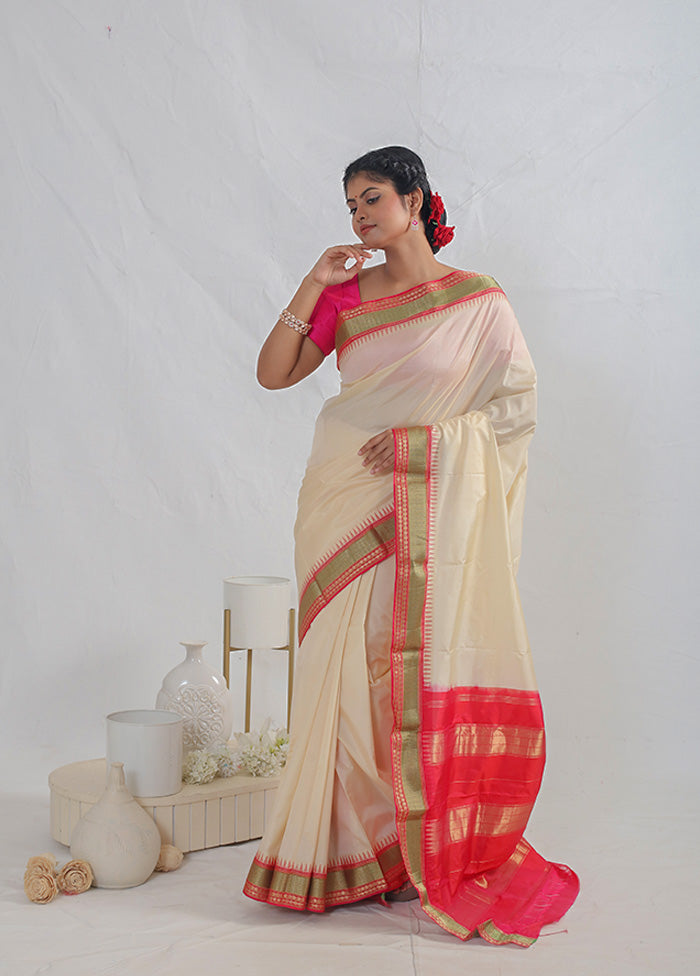 Cream Kanjivaram Pure Silk Saree With Blouse Piece - Indian Silk House Agencies