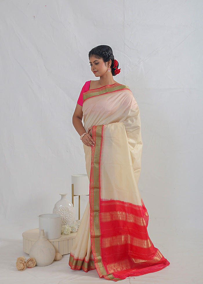 Cream Kanjivaram Pure Silk Saree With Blouse Piece - Indian Silk House Agencies