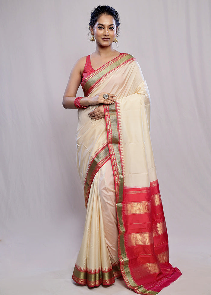 Cream Kanjivaram Pure Silk Saree With Blouse Piece - Indian Silk House Agencies