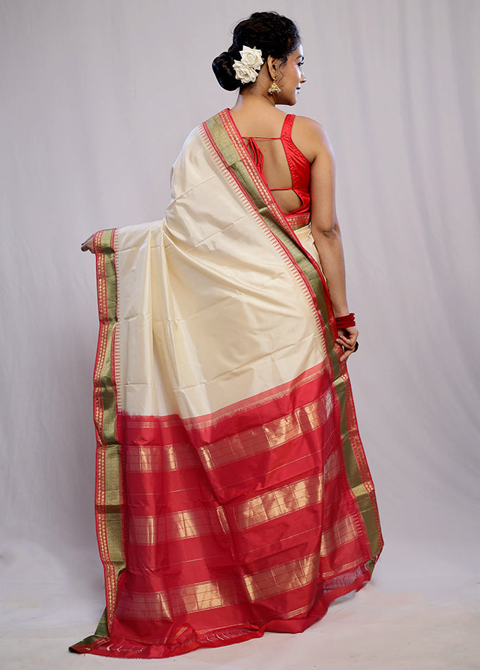 Cream Kanjivaram Pure Silk Saree With Blouse Piece - Indian Silk House Agencies