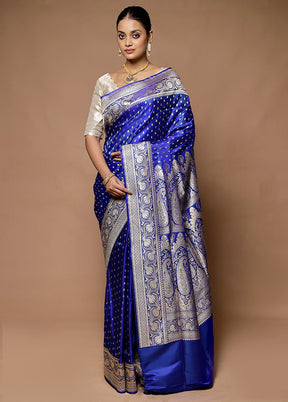 Blue Handloom Banarasi Pure Silk Saree With Blouse Piece