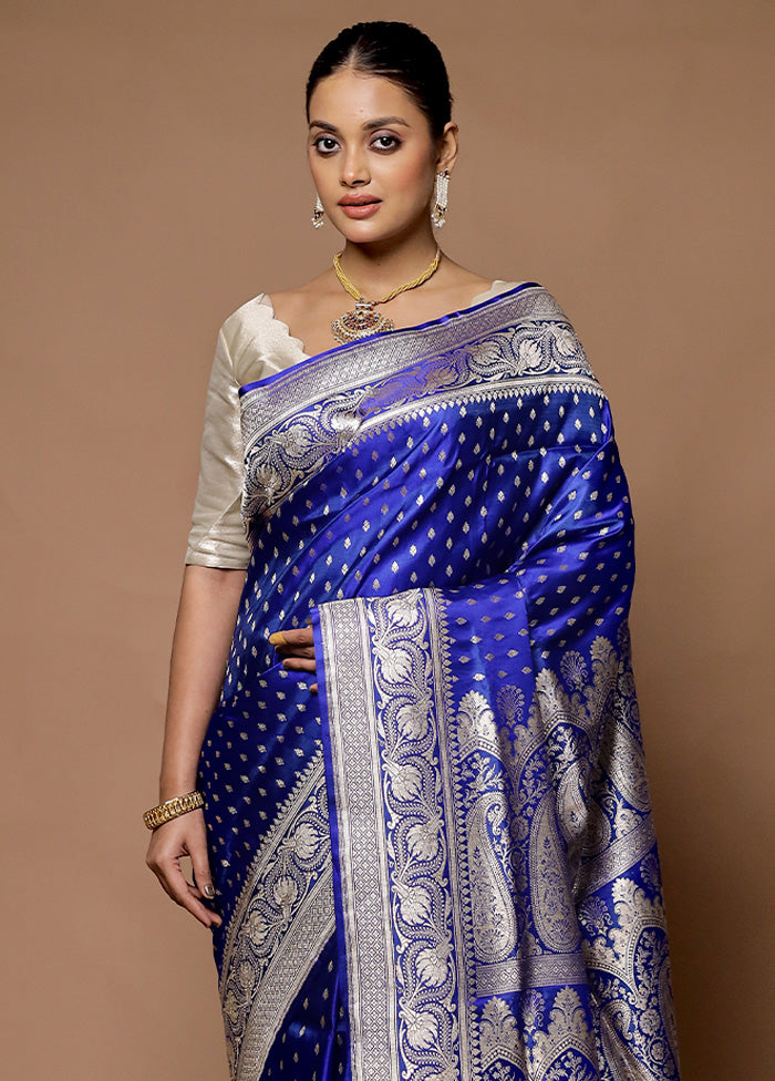 Blue Handloom Banarasi Pure Silk Saree With Blouse Piece