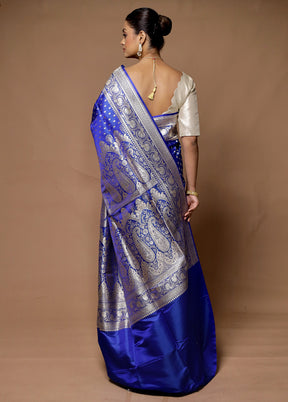 Blue Handloom Banarasi Pure Silk Saree With Blouse Piece