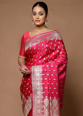 Pink Handloom Banarasi Pure Silk Saree With Blouse Piece