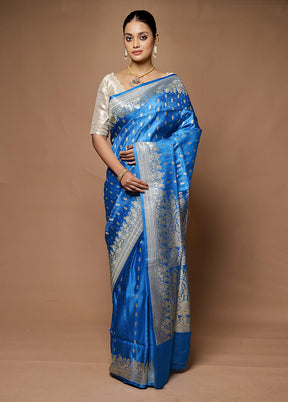 Blue Handloom Banarasi Pure Silk Saree With Blouse Piece