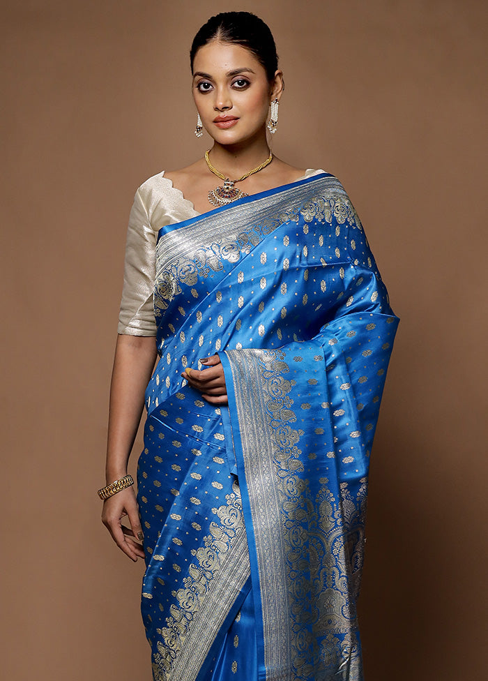 Blue Handloom Banarasi Pure Silk Saree With Blouse Piece