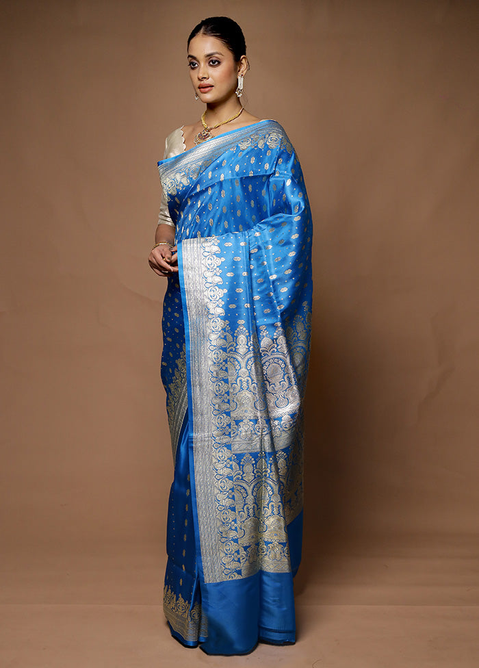 Blue Handloom Banarasi Pure Silk Saree With Blouse Piece