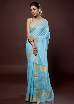 Blue Chanderi Cotton Saree With Blouse Piece - Indian Silk House Agencies