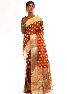 Rust Tanchoi Banarasi Saree With Blouse Piece - Indian Silk House Agencies