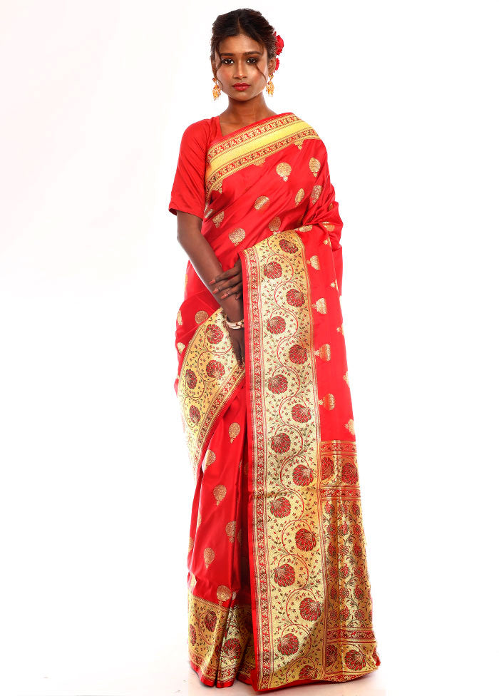 Red Banarasi Silk Saree With Blouse Piece - Indian Silk House Agencies