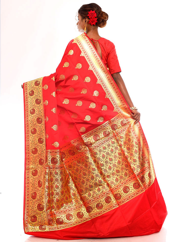 Red Banarasi Silk Saree With Blouse Piece - Indian Silk House Agencies