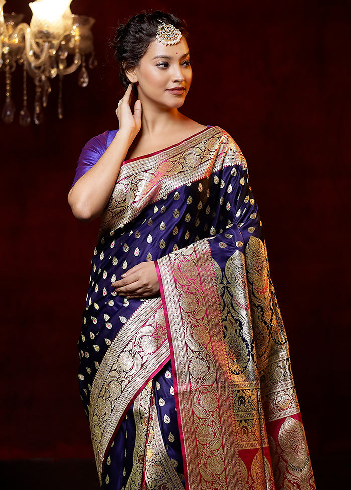 Blue Handloom Banarasi Pure Silk Saree With Blouse Piece - Indian Silk House Agencies