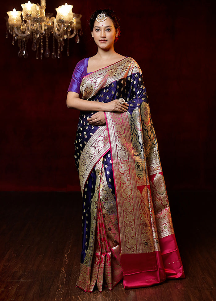 Blue Handloom Banarasi Pure Silk Saree With Blouse Piece