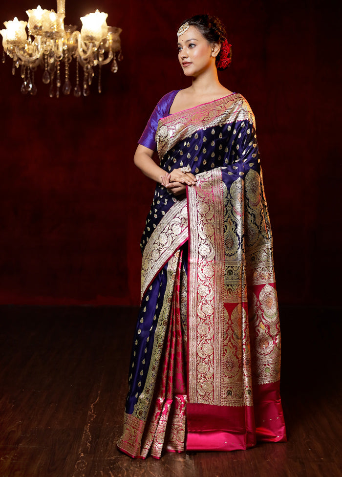 Blue Handloom Banarasi Pure Silk Saree With Blouse Piece - Indian Silk House Agencies