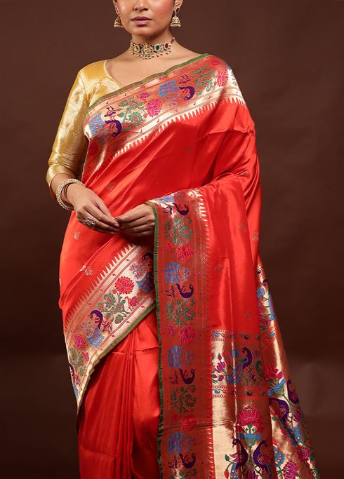 Rust Handloom Uppada Pure Silk Saree With Blouse Piece