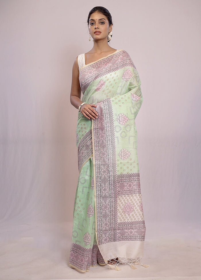 Green Cotton Saree With Blouse Piece - Indian Silk House Agencies