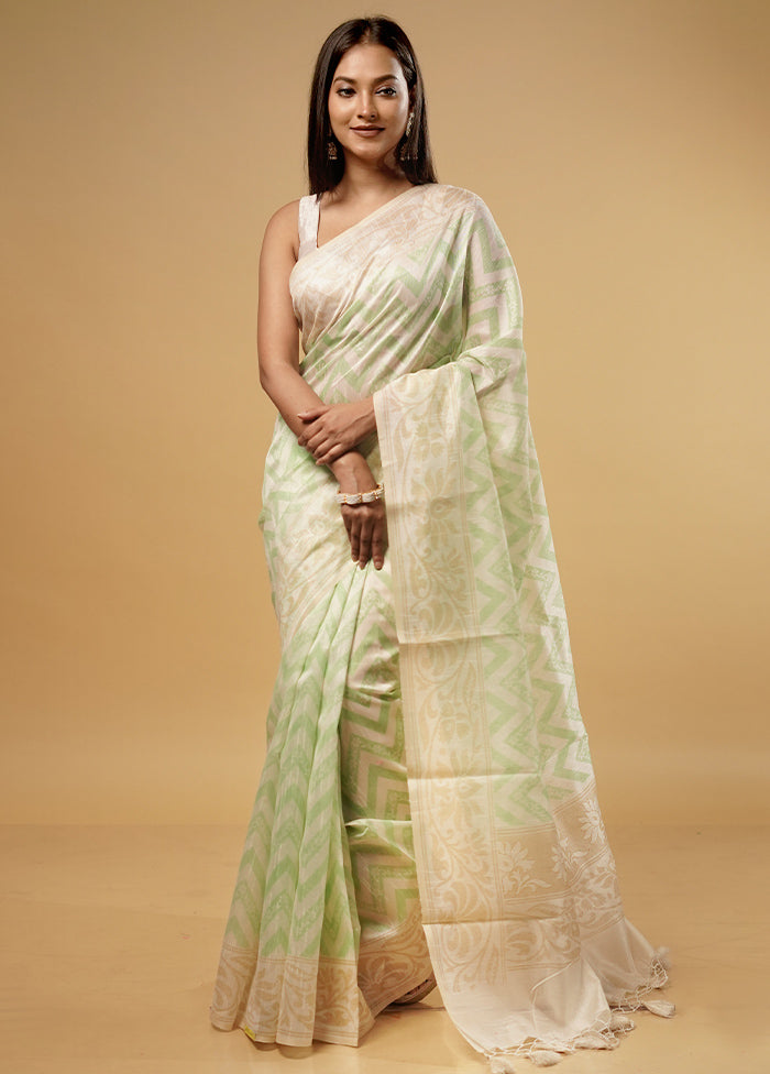 Green Cotton Saree With Blouse Piece - Indian Silk House Agencies