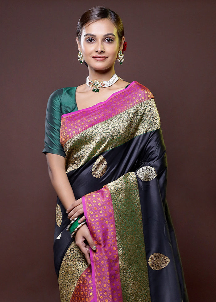 Black Handloom Katan Pure Silk Saree With Blouse Piece