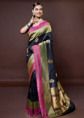 Black Handloom Katan Pure Silk Saree With Blouse Piece