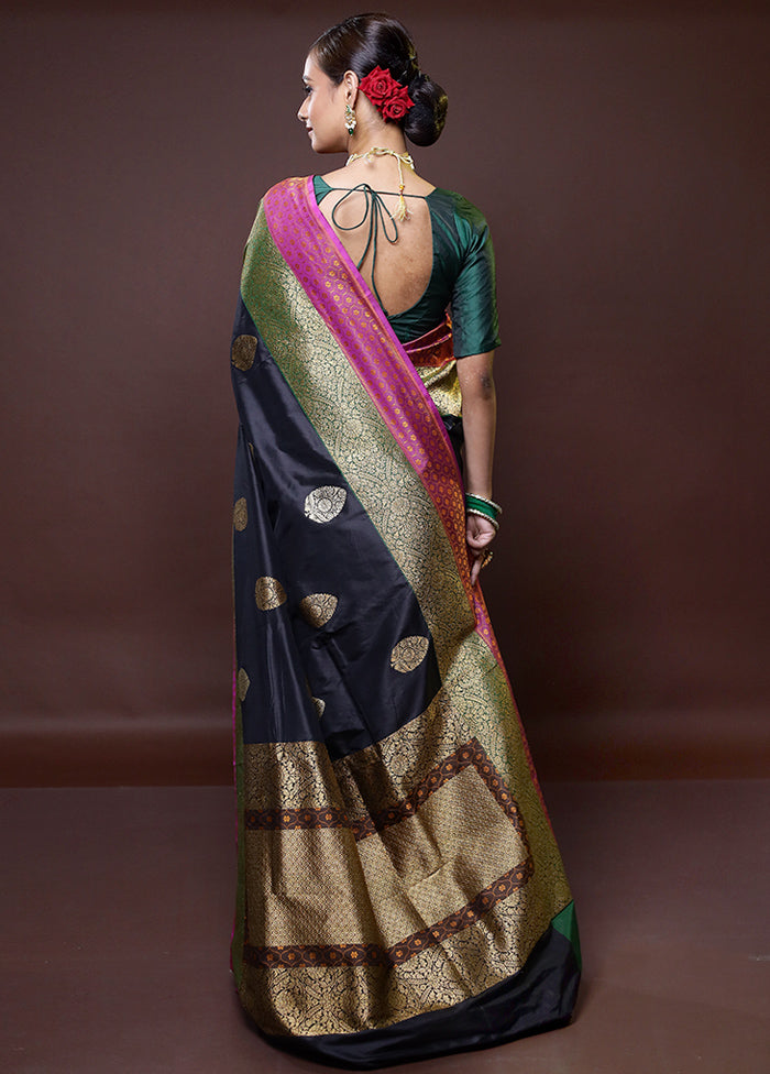 Black Handloom Katan Pure Silk Saree With Blouse Piece