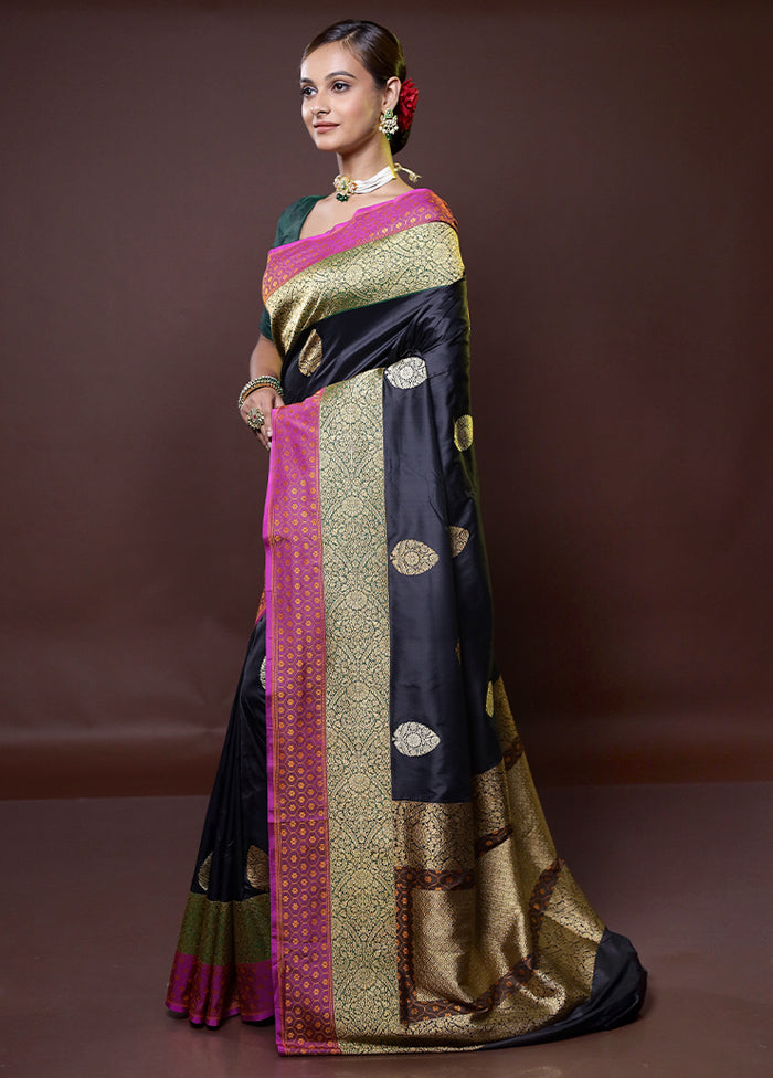 Black Handloom Katan Pure Silk Saree With Blouse Piece