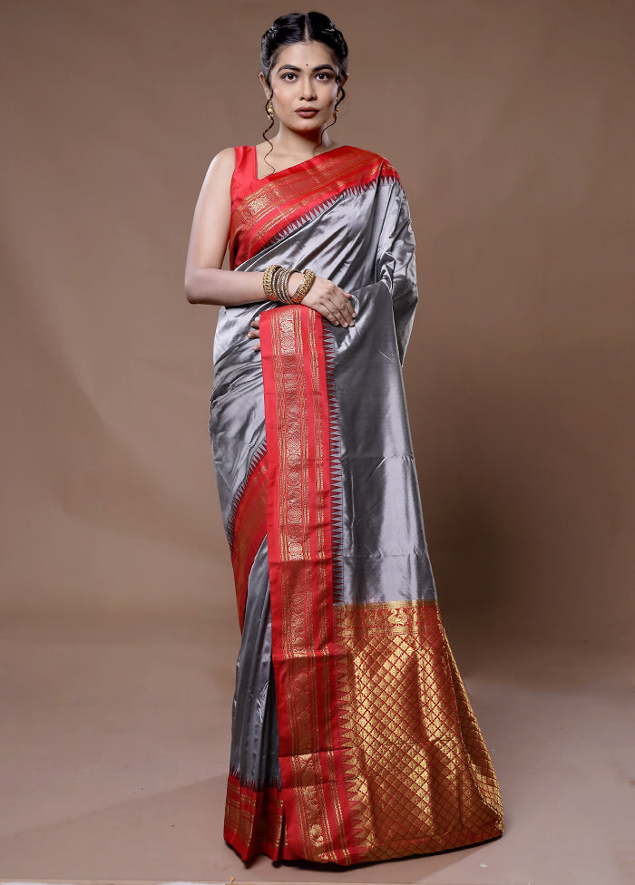 Grey Kanjivaram Pure Silk Saree With Blouse Piece - Indian Silk House Agencies