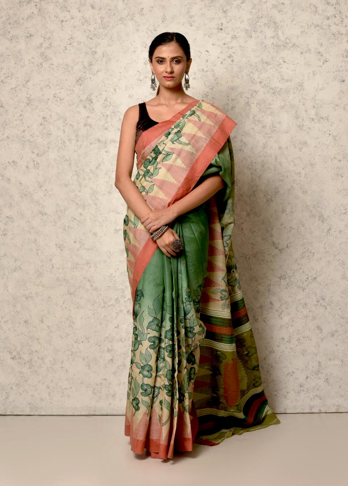 Cream Tussar Pure Silk Saree With Blouse Piece - Indian Silk House Agencies