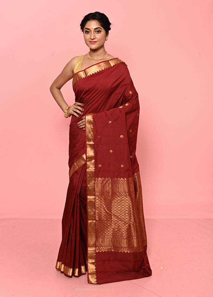 Maroon Kanjivaram Silk Saree With Blouse Piece - Indian Silk House Agencies