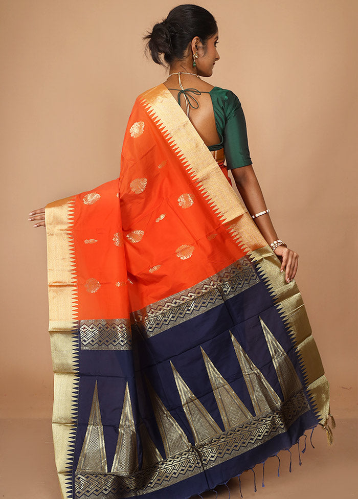 Orange Kanjivaram Silk Saree With Blouse Piece - Indian Silk House Agencies