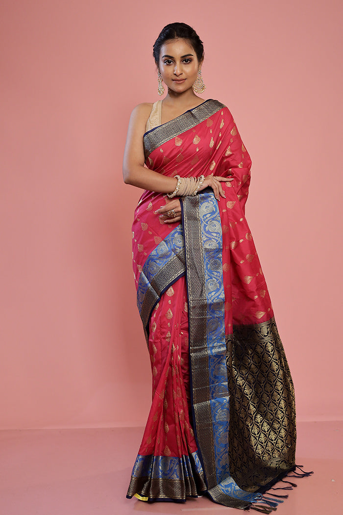 Pink Kanjivaram Silk Saree With Blouse Piece - Indian Silk House Agencies