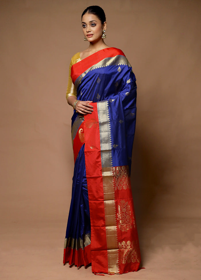 Blue Kanjivaram Silk Saree With Blouse Piece