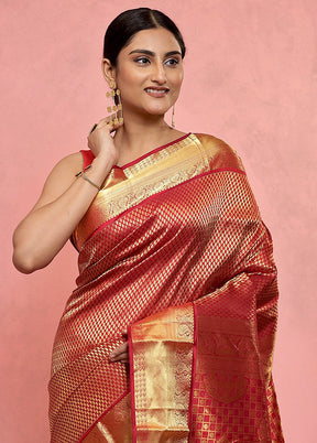 Maroon Kanjivaram Pure Silk Saree With Blouse Piece - Indian Silk House Agencies