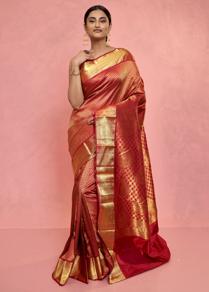 Maroon Kanjivaram Pure Silk Saree With Blouse Piece - Indian Silk House Agencies