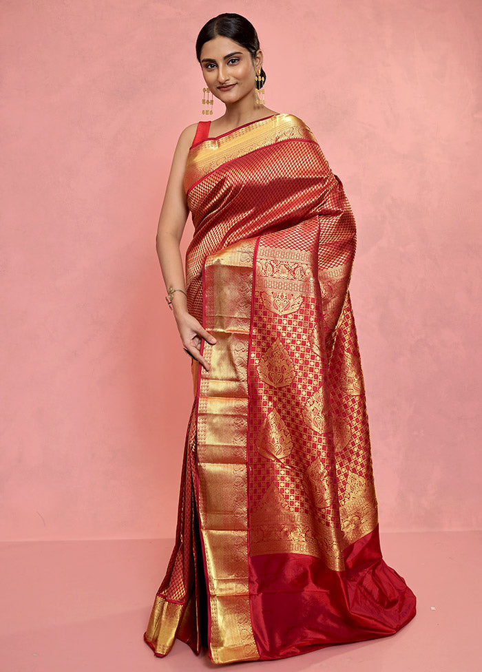 Maroon Kanjivaram Pure Silk Saree With Blouse Piece - Indian Silk House Agencies