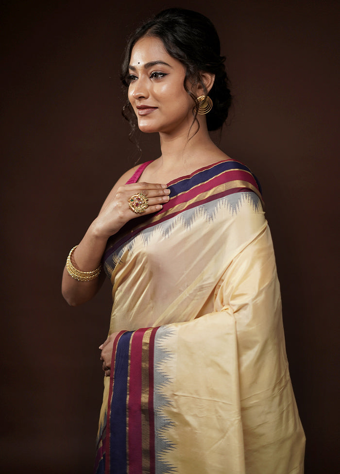 Cream Kanjivaram Silk Saree With Blouse Piece - Indian Silk House Agencies