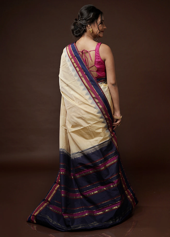 Cream Kanjivaram Silk Saree With Blouse Piece - Indian Silk House Agencies