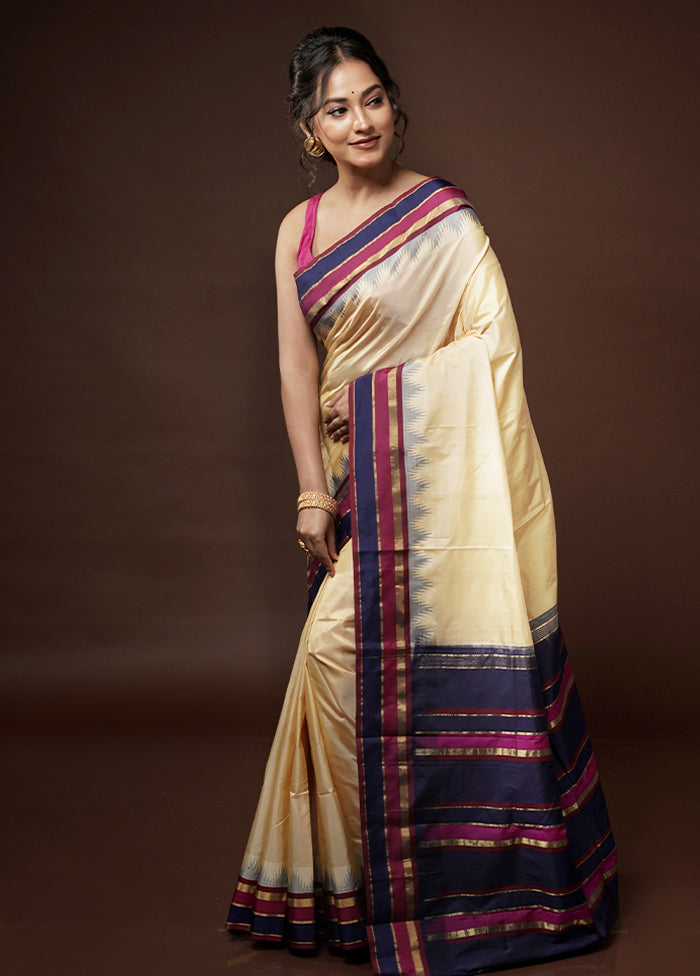 Cream Kanjivaram Silk Saree With Blouse Piece - Indian Silk House Agencies