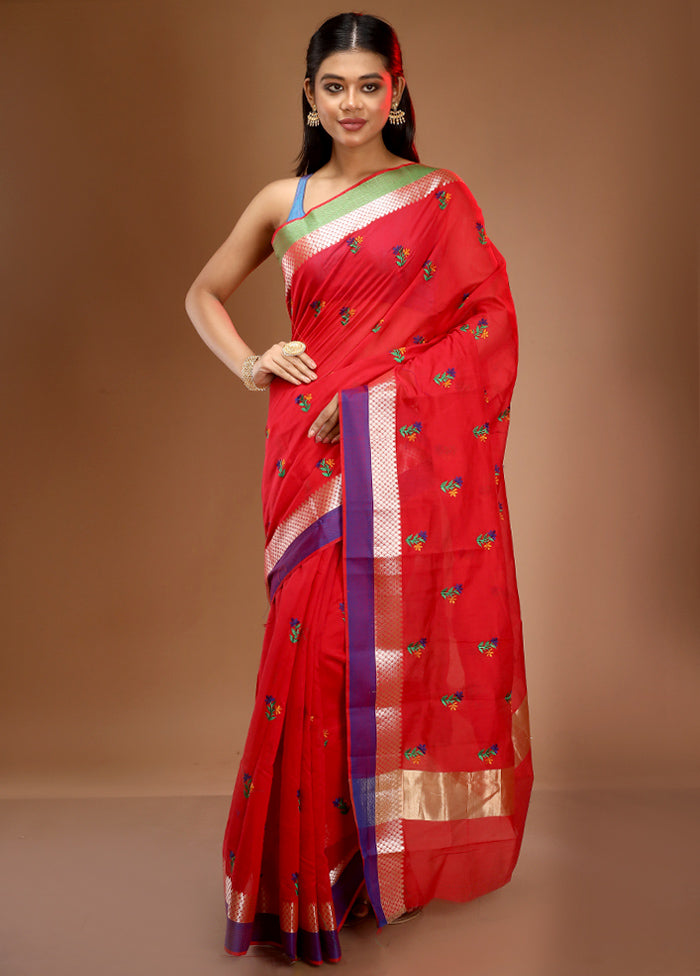 Red Cotton Embroidered Saree With Blouse Piece - Indian Silk House Agencies