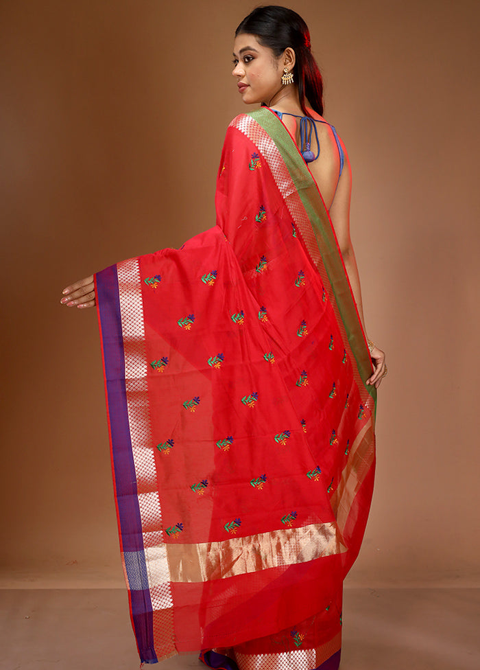 Red Cotton Embroidered Saree With Blouse Piece - Indian Silk House Agencies