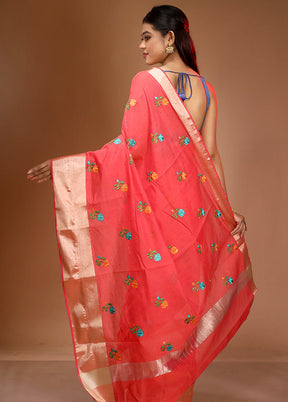 Pink Cotton Embroidered Saree With Blouse Piece - Indian Silk House Agencies