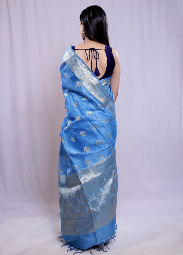 Blue Linen Silk Saree With Blouse Piece - Indian Silk House Agencies