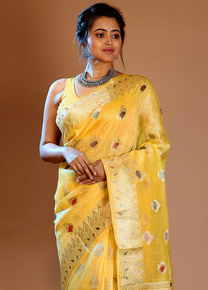 Yellow Linen Silk Saree With Blouse Piece - Indian Silk House Agencies