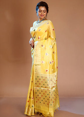 Yellow Linen Silk Saree With Blouse Piece - Indian Silk House Agencies