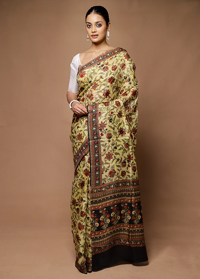 Cream Printed Pure Silk Saree Without Blouse Piece